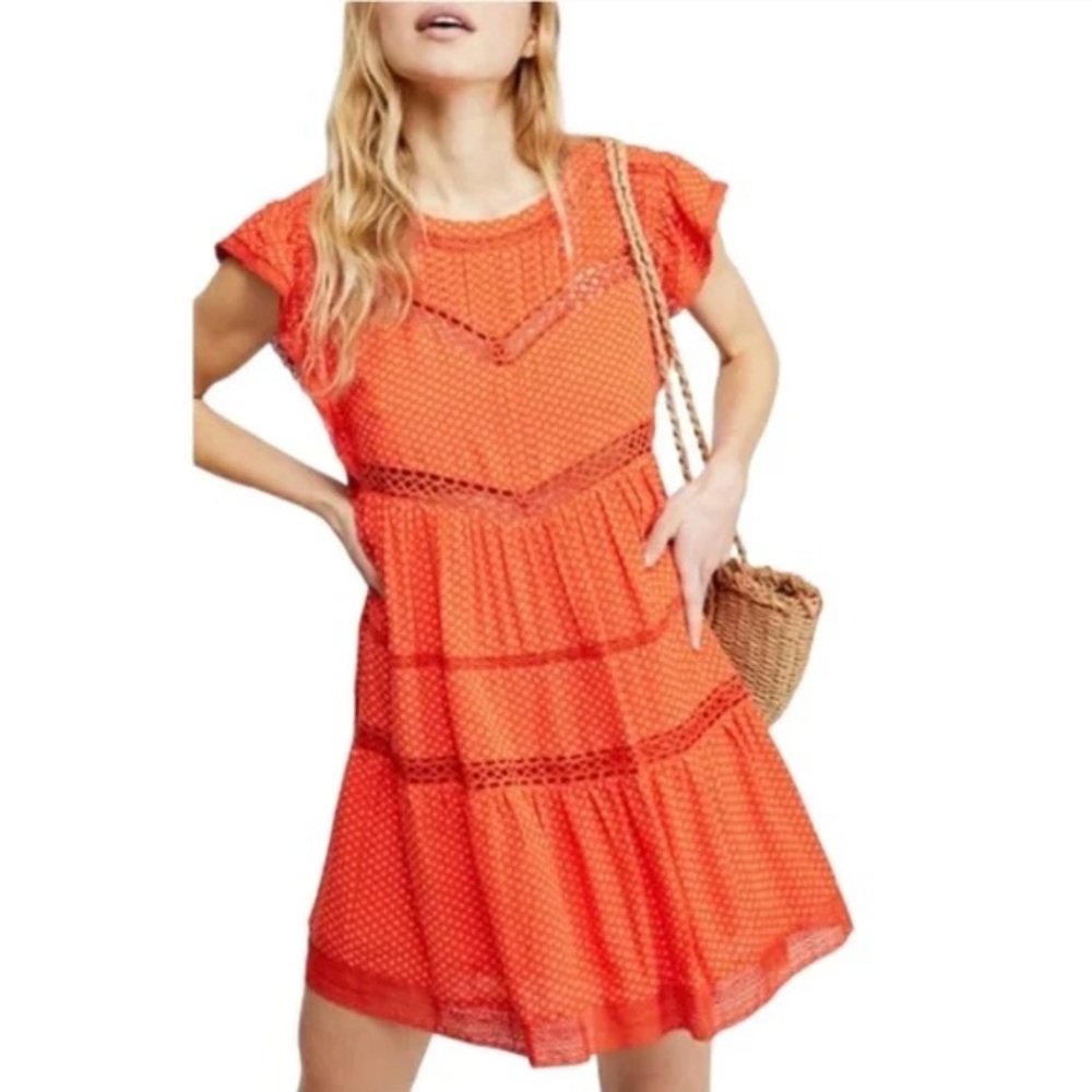 Free People Retro Kitty Lace Trim‎ Red Ditsy Floral Babydoll Dress